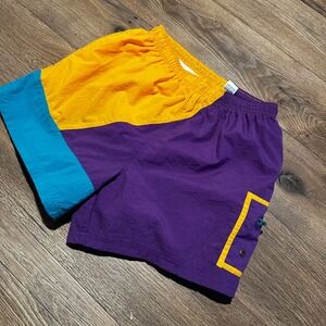 Vintage Winners Purple Yellow Teal Colorblock Swim Shorts Mens Medium